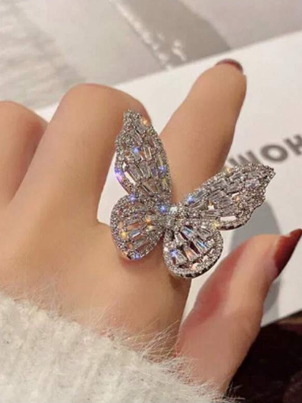 NIB Silver Butterfly Ring Rhinestone Fashion Jewelry Adjustable Back Solid Bling